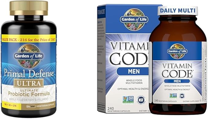 Garden of Life Probiotic Primal Defense Ultra 216 Capsules and Vitamin Code Men's Multivitamin 240 Capsules Bundle