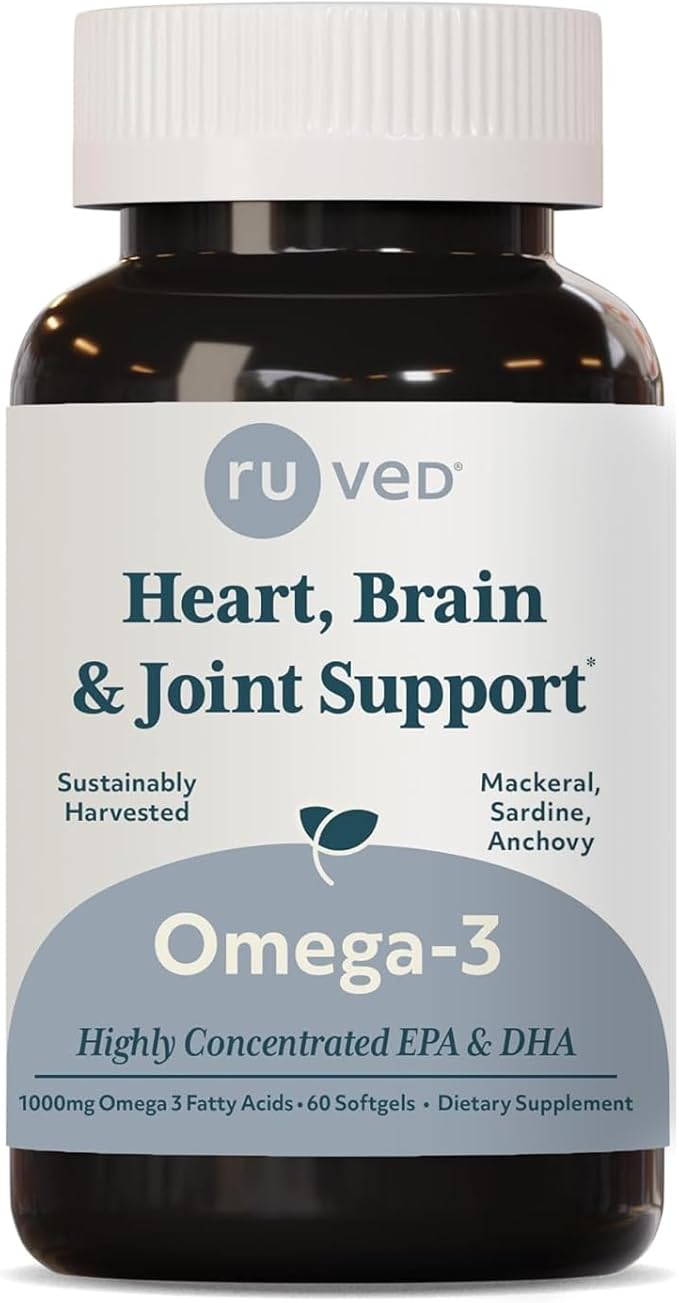 ruved Omega-3 - Omega 3 Fish Oil 1000mg Per Capsule EPA &amp DHA Fish Oil Supplement for Women &amp Men Heart Brain &amp Joint Support - 60 Softgel Capsules (1 Count)