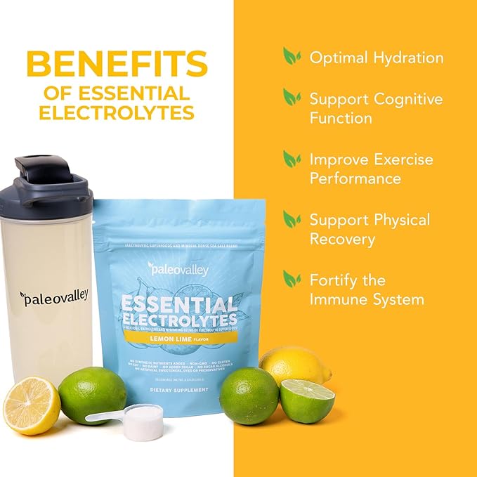 Paleovalley Essential Electrolytes Powder - Full Spectrum Lemon Lime Electrolyte Powder for Hydration Energy and Muscle Recovery - No Sugar Added - 30 Servings