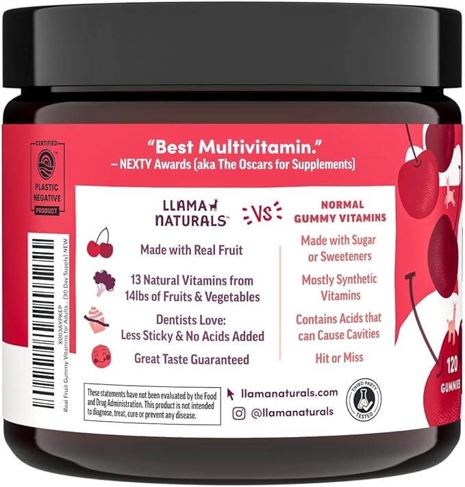 Llama Naturals Multivitamin for Women and Men Vegan Organic Gummies with Vitamin D C and K Adults Real Fruit Gummy Vitamins Chewable Multivitamin Supplement No Added Sugar Cane Cherry 120 Ct