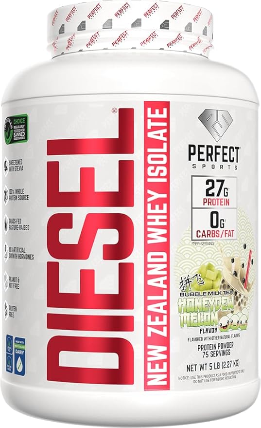 PERFECT SPORTS Diesel 100% New Zealand Whey Protein Isolate | Stevia Sweetened No Artificial Ingredients Keto | 0g Carb 0g Fat 26g Protein | 5 Pounds (Honeydew Melon Bubble Milk Tea)