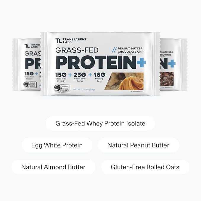 Transparent Labs Protein+ Bars - Whole-Food Protein Bars w/ 15g+ Grass-Fed Whey &amp Egg Whites Protein Natural Peanut &amp Almond Butter No Artificial Sweeteners - Oatmeal Chocolate Chip 12 Bars