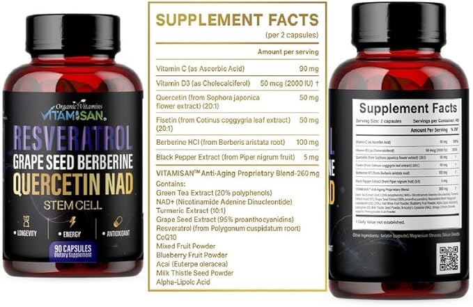 VITAMISAN Resveratrol NAD+ Quercetin Berberine &amp Grape Seed – Antioxidant Energy Formula – 2 Bottles (180 Capsules) Stem Cell Suplement NMN Nicotinamide Riboside – Made in USA