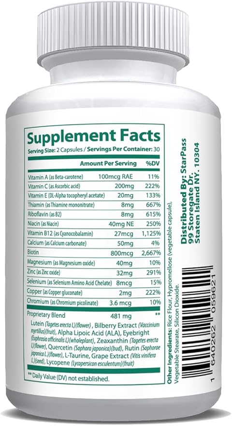 Pure Eye Health Vitamin &amp Mineral Supplements for Adults | #1 Complete Research Vision Formula w/Bilberry Lutein Zeaxanthin Lycopene Resveratrol | Supports Eye Strain Dry Eyes 60 Capsules