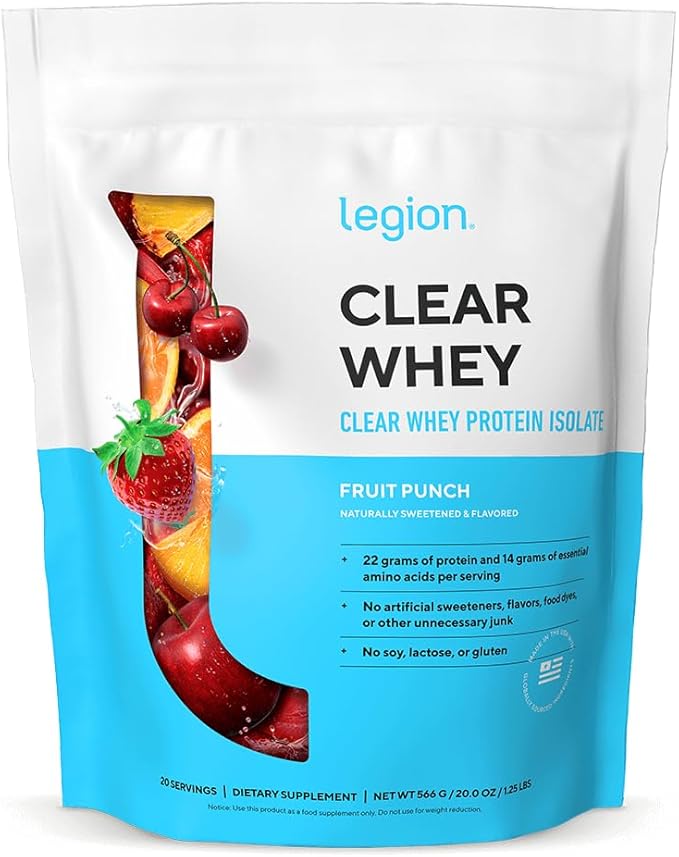 LEGION Clear Whey Protein Isolate Grass-Fed Naturally Sweetened 22g Protein 14g Essential Amino Acids 6.4g BCAAs Fruit Punch 20 Servings