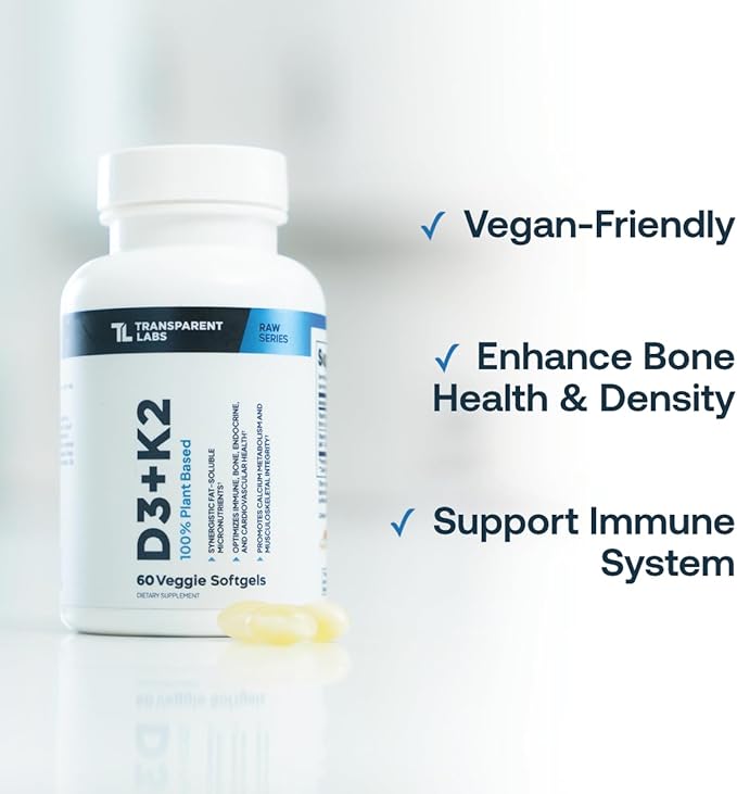 Transparent Labs Vitamin D3 K2 - Vitamin D &amp K2 Vitamin Supplement for Men &amp Women Vegan-Friendly D3K2 5000 IU Supplements to Support Bone Immune and Overall Health - K2 D3 60 Capsules
