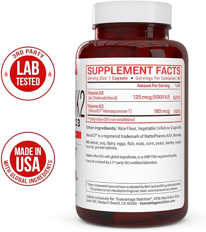 Vitamin K2 D3 Supplement 5000 IU D3 and 180 mcg Vitamin k2 MK7 Supplement for Healthy Bones Healthy Heart &amp Cardiovascular Health-60 Easy to Swallow Vegetable caps of MenaQ7 K2 MK7