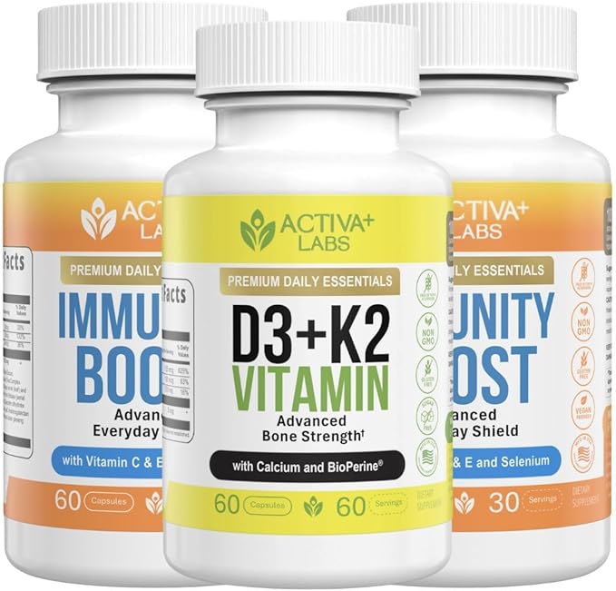 Daily Wellness Bundle — 1x Vitamin D3 + K2 &amp 2X Immunity Boosters | Supports Bones Immune Health &amp Vitality | Non-GMO Gluten-Free Sugar-Free Made in USA