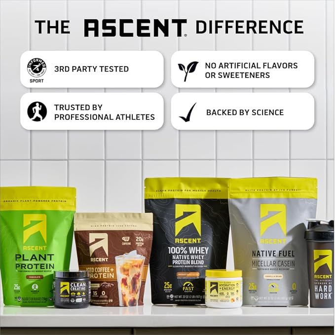 Ascent 100% Whey Protein Powder Vanilla Bean 2 lb &amp Creatine Monohydrate Powder Unflavored 45 Servings