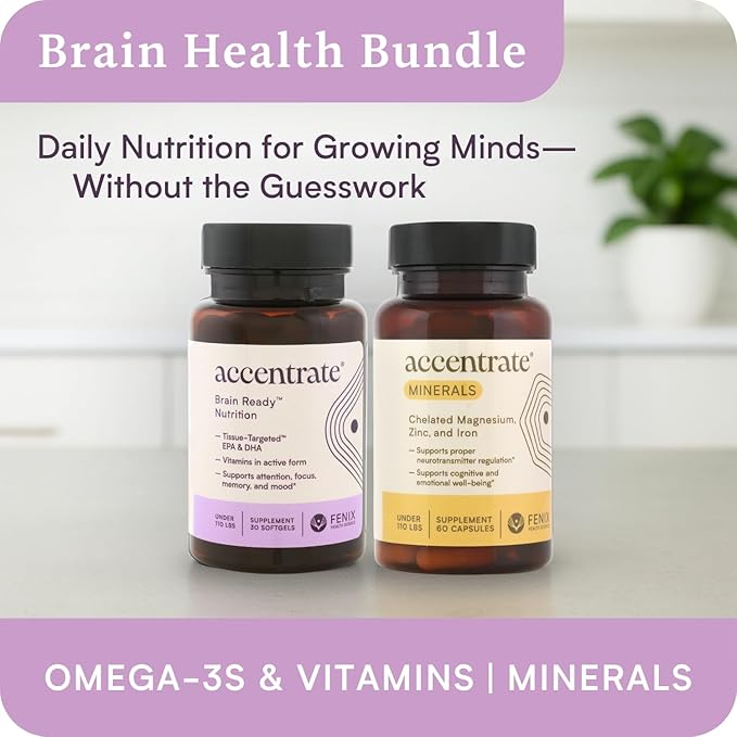 Brain Supplement for Natural Focus &amp Attention | for Kids | Active B Vitamin &amp Omega-3 Combo | Vitamin B Complex w/Omega 3 Fatty Acids EPA &amp DHA | Omega-3s in Small Pill | L-MTHF B12 P5P