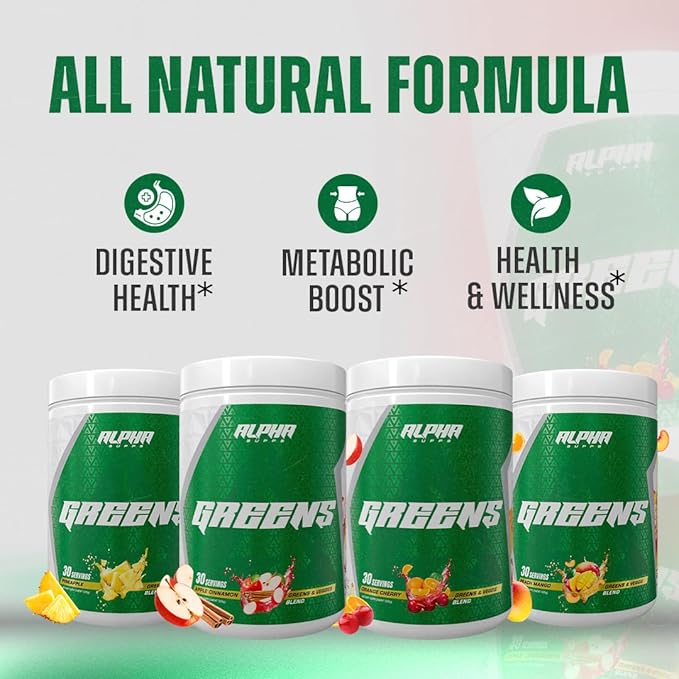 Alpha Supps - Alpha Greens Supplement | Fruit &amp Vegetable Superfood Powder | Over 40 Natural Plant Based Ingredients | Prebiotic &amp Probiotic Digestive Support Blend - 30 Servings (Pineapple)