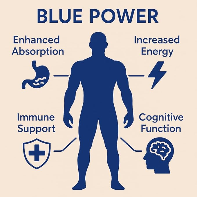 Blue Power - Methylene Blue (USP Grade) Pharma Grade - 60 Capsules with Added Vitamin C Ester for Enhanced Absorption - Brain Supplement for Memory Focus Clarity Cognitive Function
