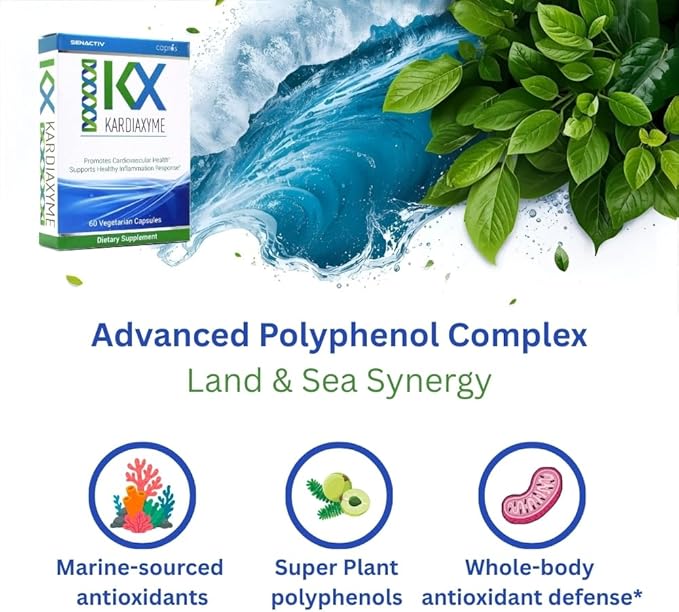 Xooma KardiaXyme Heart &amp Inflammation Support | Capros® Amla Extract + Senactiv® Polyphenol Complex | Antioxidant Circulation Cellular Vitality &amp Active Aging Supplement | 60 Capsules