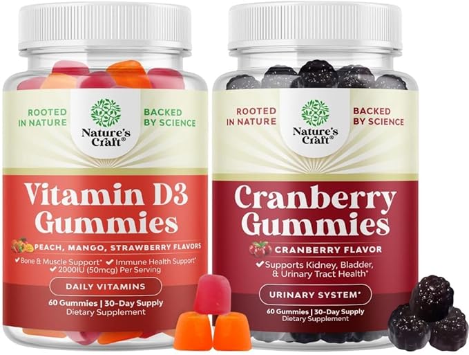 Bundle of Vitamin D3 Gummies for Daily Wellness &amp Bone Muscle &amp Immune Support and Natural Cranberry Gummies for Women and Men - for Urinary Tract Health Kidney Support Bladder &amp Immune He