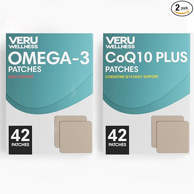 Veru Wellness Cardiovascular &amp Brain Strength Duo Lifestyle Patches Omega3 Coenzyme Q10 - Self Adhesive Time Release Topical Patch 8-10 Hours (42 Day Supply)
