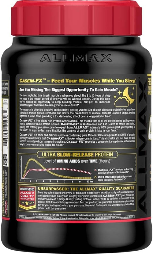 ALLMAX Casein-FX Protein Vanilla - 2 lb - 25 Grams of Slow-Release Protein Per Scoop - Low Carb &amp Zero Added Sugar - Approximate 27 Servings