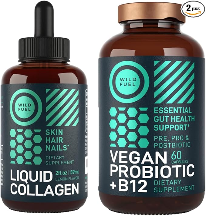 WILD FUEL Vegan Probiotic Plus B12 and Liquid Collagen Peptides with Biotin Wellness Bundle