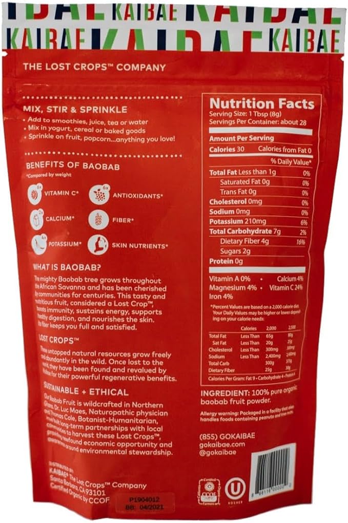 Premium Organic Baobab Powder | Prebiotic Fiber Superfood for Gut &amp Metabolic Health | Vitamin C + Polyphenols | Gluten-Free Non-GMO Vegan | 16 oz.