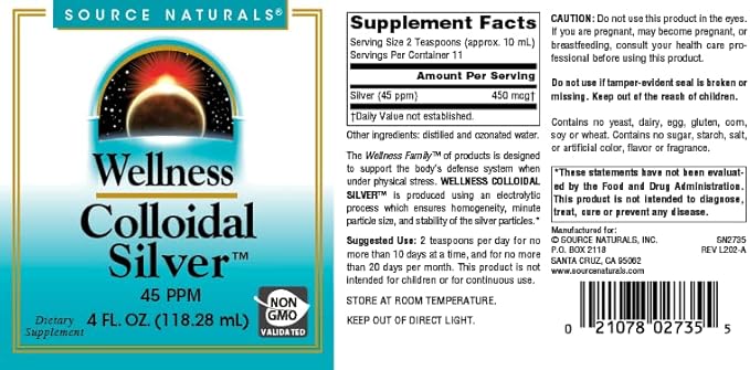 Source Naturals Wellness Colloidal Silver 45 ppm Supports Physical Well Being* - 4 Fluid oz