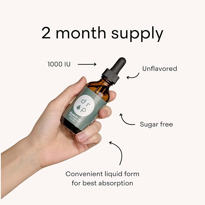 Vitamin D3 + K2 Drops with 1000 IU of Plant Based D3 and 45 mcg of K2 2 oz Liquid Supplement for Bone Strength Improved Mood - No Artificial Preservatives Unflavored with Coconut MCT Oil