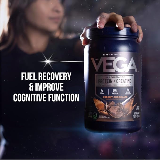 Vega Protein + Creatine - 30g Plant-Based Protein Chocolate 13 Servings 3g Creatine 5g BCAAs Vegan Keto Gluten Free Dairy Free Low Carb for Muscle Growth &amp Repair Drink Mix 23.4oz