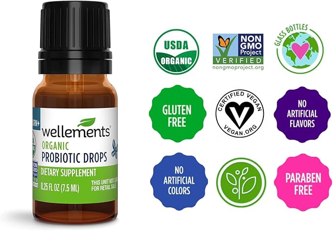 Wellements Organic Baby Probiotic Drops (0.25 Fl Oz) - Digestive &amp Immune Support for Infants - Toddler Probiotic Helps with Newborn+ Gut Health Gas Constipation &amp Colic Support - Preservati