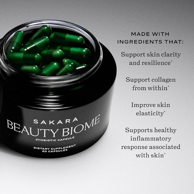 SAKARA Beauty Biome – Daily Synbiotic Supplement for Skin + Gut Health with Probiotic Dermaval Vitamins A D E Antioxidants Prebiotics &amp Enzymes – for Clear Radiant Hydrated Skin – 60 Capsu
