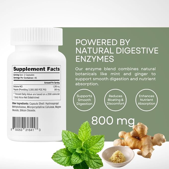 Betaine HCl + Pepsin Digestive Support - Advanced Stomach Acid for Protein Breakdown &amp Nutrient Absorption - 90 Capsules - Enzyme Supplement