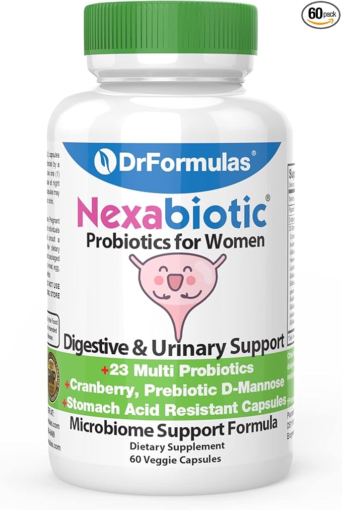 DrFormulas Cranberry Probiotics for Women Vaginal Health &amp Urinary Tract with Fiber Prebiotic &amp D Mannose | Nexabiotic Feminine Health Vaginosis with Lactobacillus Acidophilus for Yeast 60 C