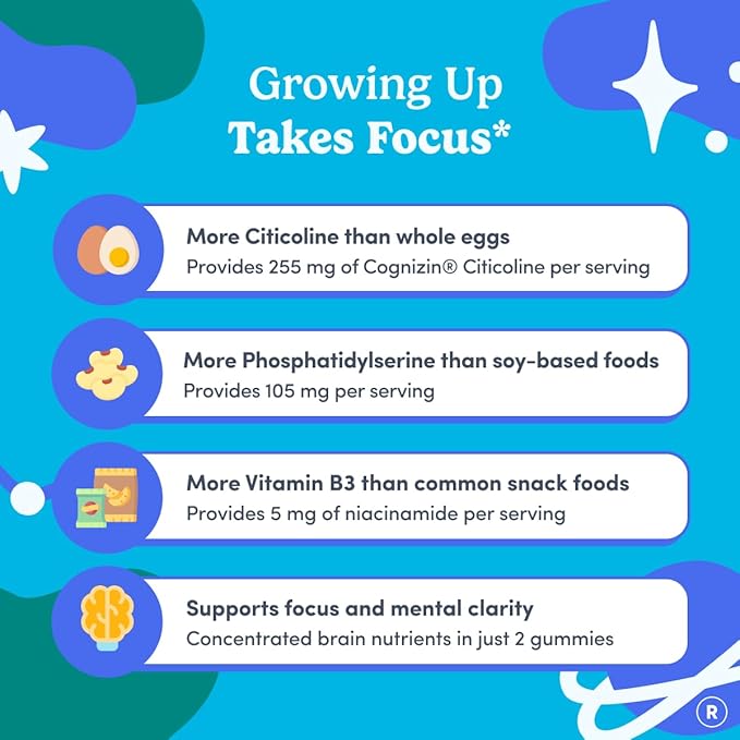 FIRST DAY Teen Brain &amp Focus Supplement Gummies Ages 13–18 | Study &amp Concentration Support with Cognizin® Citicoline &amp Phosphatidylserine | Vegan Non-GMO Caffeine-Free | 30-Day Supply