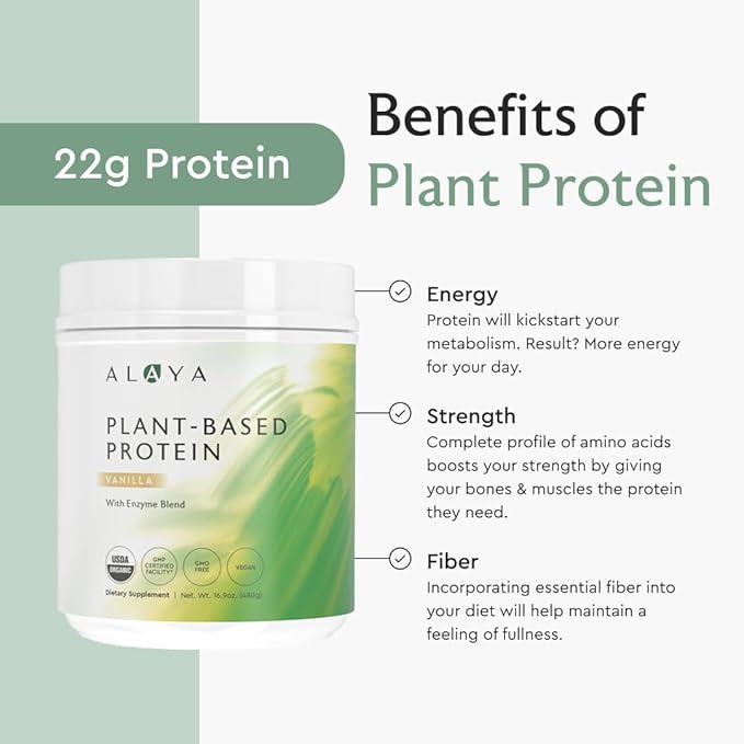 Alaya Naturals Organic Plant Based Protein Powder - Vegan Protein Powder with Pea Protein Hemp Protein &amp Spirulina - Non-GMO USDA Organic Vanilla