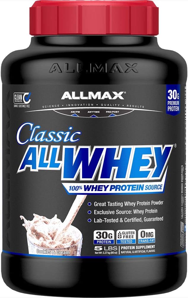 ALLMAX Classic ALLWHEY Cookies &amp Cream - 5 lb - 30 Grams of Protein Per Scoop - Gluten Free - Approx. 49 Servings