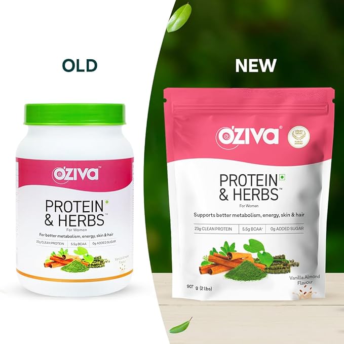OZiva Protein &amp Herbs Women with Multivitamins Curcumin Shatavari Tulsi for Improved Metabolism Hormonal Balance &amp Skin Hair Health 2.2 lbs Vanilla Almond. Soy Free Gluten Free Non G