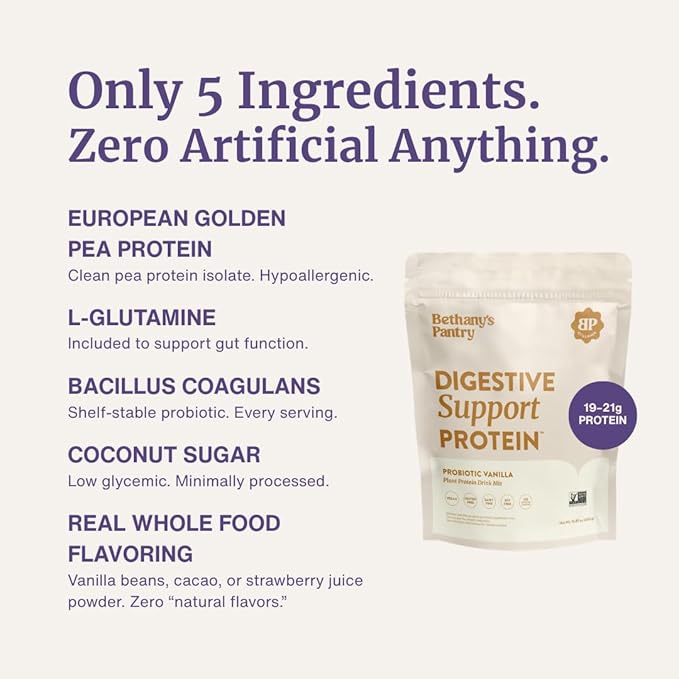 Nuzest Bethany's Pantry Digestive Support Protein - Probiotics for Digestive Health – Clean Lean Protein - Premium Vegan Pea Protein Powder – Plant Based - 20 Servings 1 Pound (Pack of 1) - Vanilla