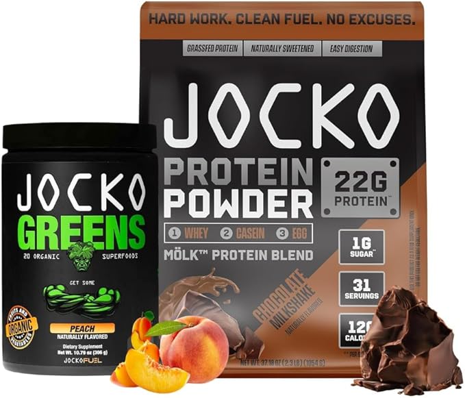 Jocko Fuel Whey Protein Powder Chocolate Daily Greens Peach