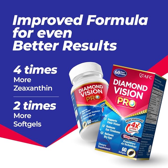 AFC Japan Diamond Vision PRO – Improved Up-Sized Formula - Lutein &amp Zeaxanthin 4X with Eye Vitamins – Visual Health Supplement for Adults Screen Exposure Night Use 60 Softgels