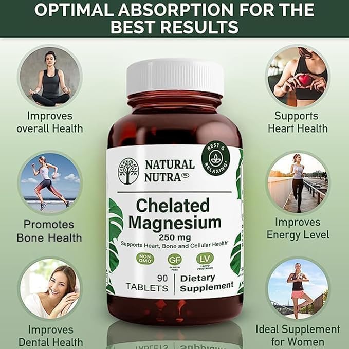 Natural Nutra Chelated Magnesium Oxide 250mg- High Absorption for Strong Bones Heart Health Improves Dental Health Energy Boost Gluten-Free Non-GMO 90Tablets in BPA-Free Recyclable Glass Bottles