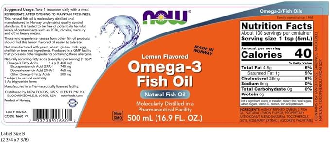 NOW Supplements Omega-3 Fish Oil Liquid Molecularly Distilled Lemon Flavored 16.9-Ounce