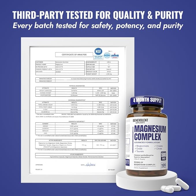 Magnesium Complex Supplement 4 Month Supply of 500mg 5-in-1 Bisglycinate Oxide Taurate Aspartate Citrate Max Absorption Magnesium Supplement for Calm Sleep &amp Leg Cramps 120 Capsule