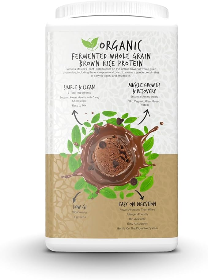 Portions Master Plant Protein Organic Plant Based Protein Powder with Fermented Brown Rice Complete Amino Acid Profile Vegan Non GMO Gluten Free (750g Chocolate)