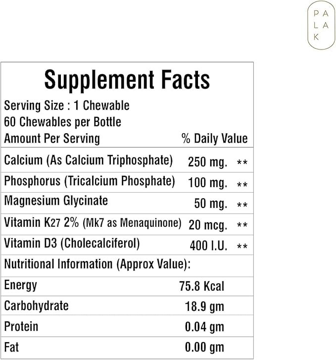 Astha Palak Notes: Kids Calcium with Vitamin D3 K2 and Magnesium | No Sugar Chewables | 60 Chewables