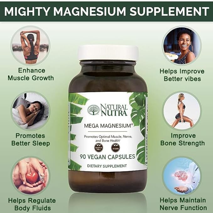 Natural Nutra Mega Magnesium 400mg Supplement - High Absorption Amino Acid Chelate Citrate Malate Blend for Muscle Growth Bone Strength Heart Health Nerve Support - 90 Capsules (Pack of 2)