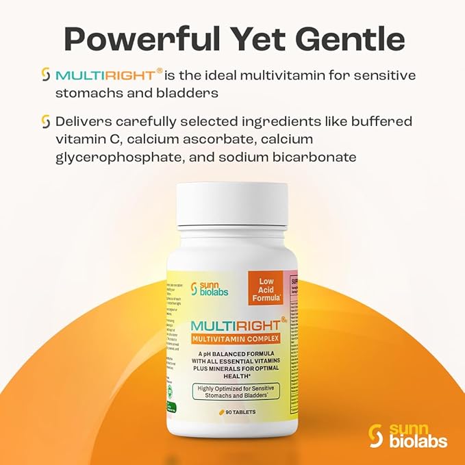 MULTIRIGHT | LOW ACID MULTIVITAMIN for Sensitive Stomachs Bladders | 14 Vitamins &amp 14 Minerals | Bladder-Friendly pH Balanced | Easy on Digestion-Less Acidic | Buffered Vitamin C | 270 Tablets (