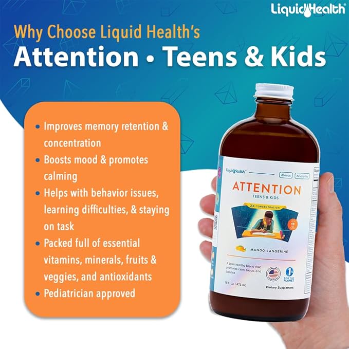 LIQUIDHEALTH Children's Complete Multivitamin &amp Attention Teens &amp Kids Liquid Vitamin Bundle for Children - Immune Support Improve Focus Concentration Boost Mood - Vegan Non-GMO Made in U