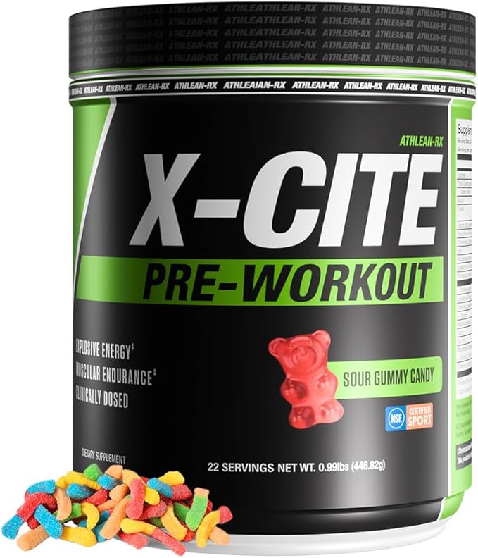 X-CITE Pre-Workout by ATHLEAN-X - Enhanced Formula with Beta-Alanine Creatine &amp Caffeine for Ultimate Energy Endurance Focus &amp Muscle Pump NSF Certified for Sports (Sour Gummy Bear)
