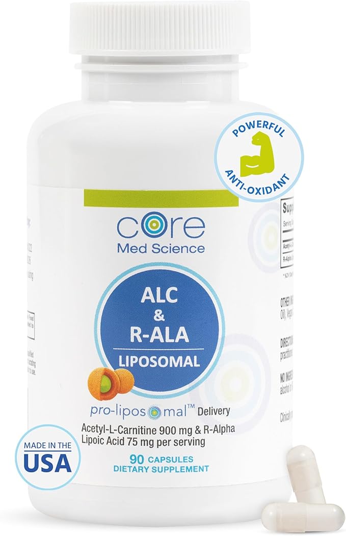 Core Med Science Liposomal ALC &amp R-ALA Supplement Capsules - Acetyl-L-Carnitine (900mg) &amp R-Alpha Lipoic Acid (75mg) - Promotes Energy &amp Focus - Supports Mental Function &amp Memory Cogni