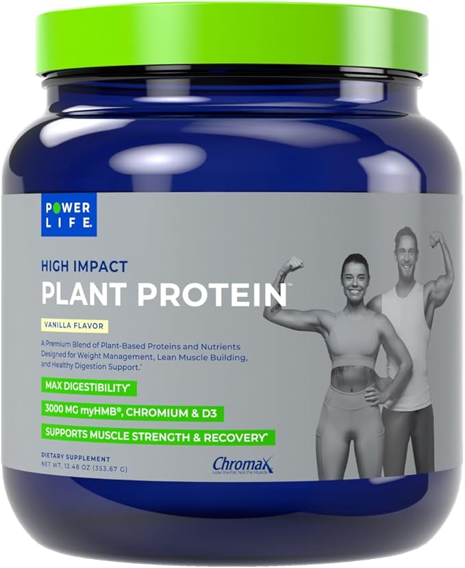 POWERLIFE High Impact Plant Protein Powder with 3000 MG of HMB Plant-Based No Sugar Added Vegan Keto Friendly Non-GMO (Vanilla - New Formula)