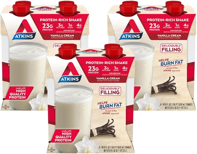 Atkins Vanilla Cream Meal Size Protein Shake 23g Protein &amp Strawberry Protein Shake 15g Protein Low Glycemic 2g Net Carb 1g Sugar Keto Friendly 12 Count