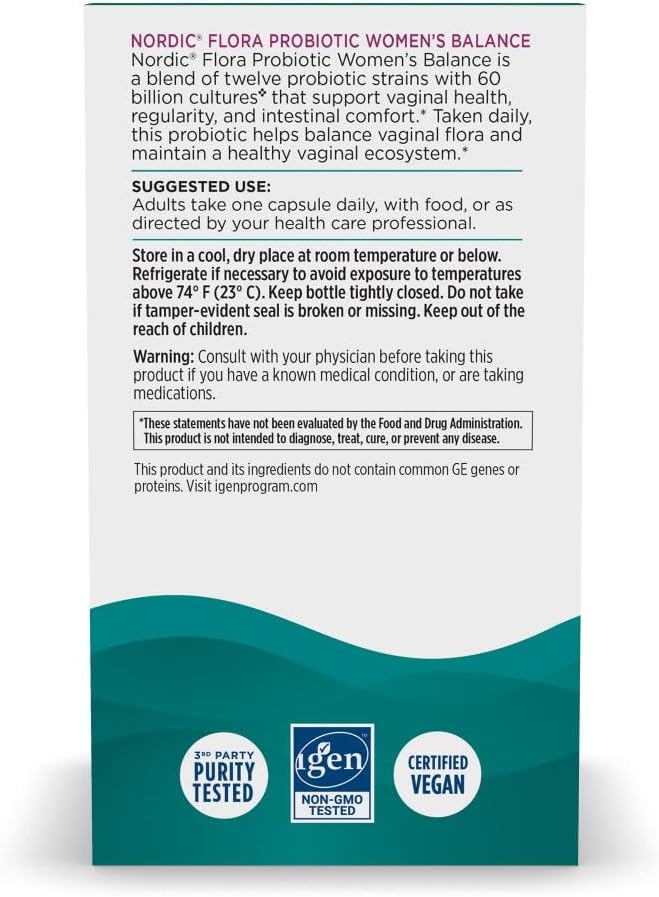 Nordic Naturals Nordic Flora Probiotic Women's Balance - 30 Capsules - 12 Probiotic Strains with 60 Billion Cultures - Intestinal Support Vaginal Health - Vegan - 30 Servings
