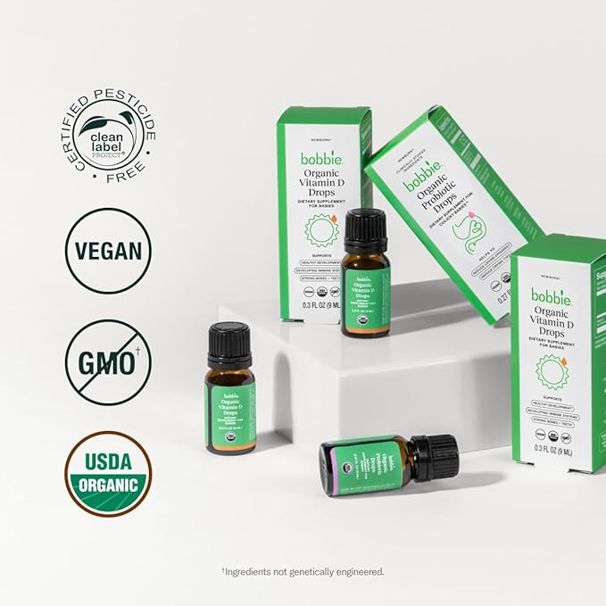 Bobbie Organic Baby Vitamin D and Probiotic Drops Bundle Daily Liquid Supplements for Immune Teeth Bone and Digestive Health Support in Newborn Babies and Infants Vegan Infant-Friendly Formula